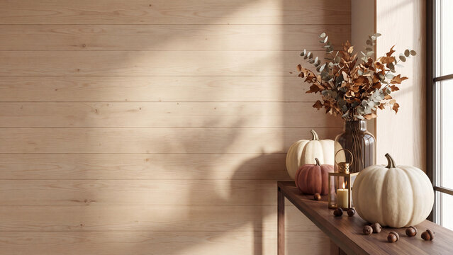 Rustic autumn mockup background with blank wooden wall, cozy fall home decor with pumpkins and dried flowers on console table