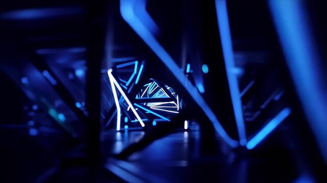 Abstract dynamic blue background with glowing triangles. Modern blue gradient triangles shape design. Futuristic technology concept. Suit for advertising, presentations, substrates.