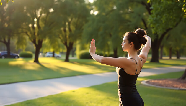 Young woman practicing mindfulness and tai chi movements in a serene public park during the calm morning golden hour
