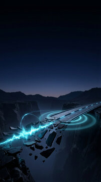 Futuristic bridge crossing a fractured canyon with glowing seismic waves. Digital infrastructure concept for earthquake monitoring, disaster prevention, engineering and transportation safety