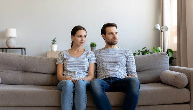 Upset Couple Sitting on Sofa After Argument at Home.