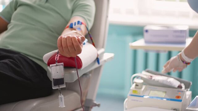 Male patient squeezing hand during blood donation procedure