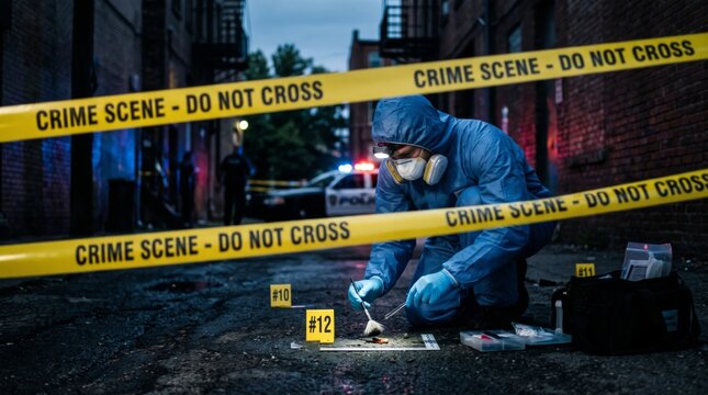 Forensic investigator in protective suit dusting for fingerprints at dark alley crime scene at night