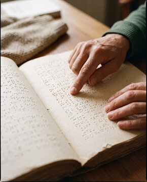 Hands reading a braille book by touch on a wooden table