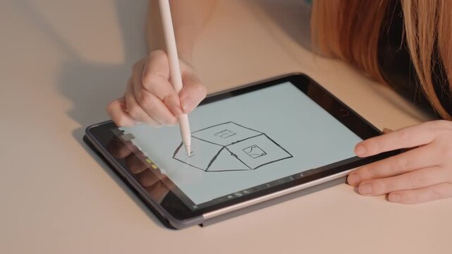 Young woman with long brown hair uses stylus. Her right hand holds white pen while her left stabilizes. Digital drawing evolves from simple lines to detailed outlines