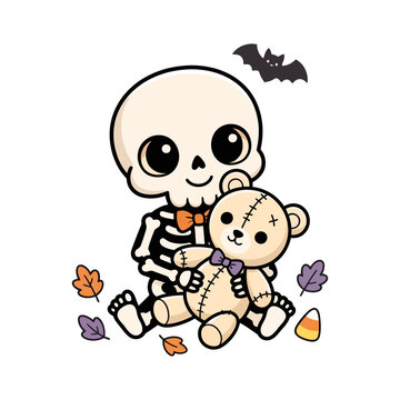 Cute skeleton holding a teddy bear toy surrounded by autumn leaves candy corn and a bat for halloween illustration with skeleton halloween character illustration seasonal childish