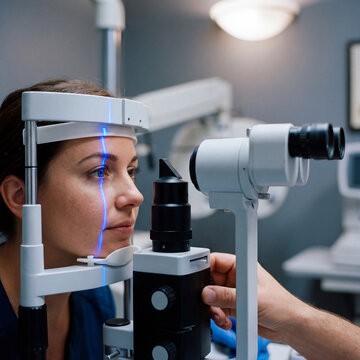Woman undergoing a slit lamp eye exam with a blue diagnostic light beam