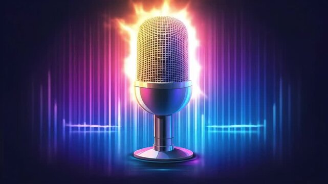Vintage microphone on abstract neon background with vibrant lighting effects