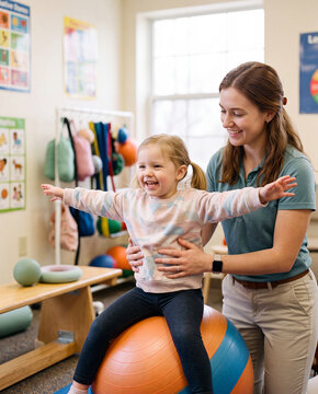 Occupational therapist supporting a laughing child on an exercise ball
