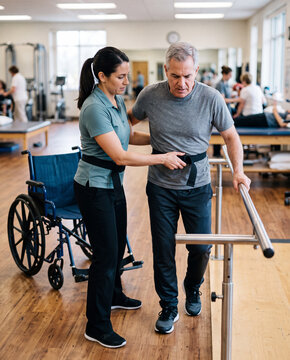 Therapist guiding a patient with a gait belt at parallel bars in a rehab gym