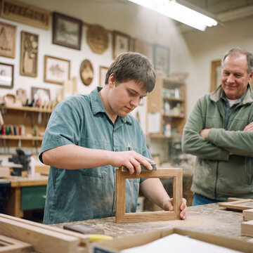 Young adult sanding a wooden picture frame in a vocational workshop