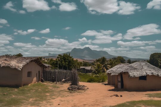 Rural african village with traditional mud houses and mountains under a cloudy