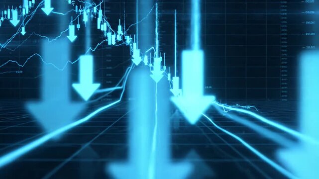 Blue digital stock market crash downward graph.