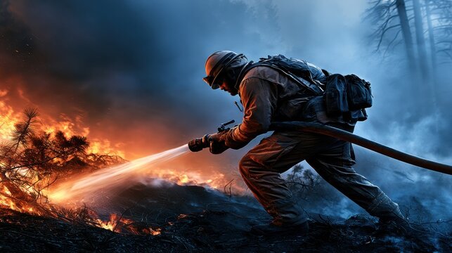 Firefighter actively combats a raging forest fire, spraying water amid intense flames and heavy smoke, highlighting bravery and emergency response.