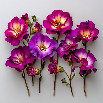 Seven vibrant matthiola stems with purple clustered blossoms