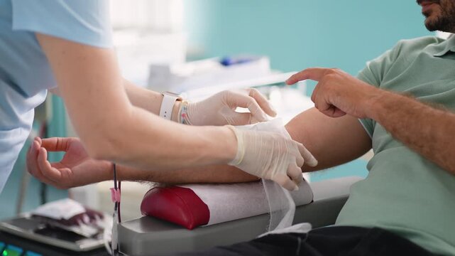 Nurse removing needle and applying bandage after blood donation