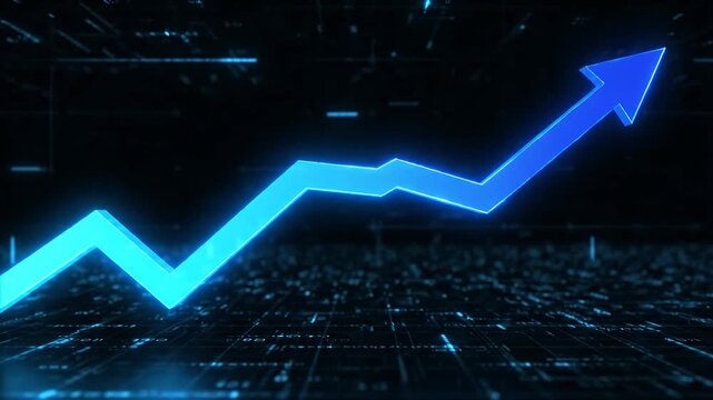 Blue glowing zigzag chart arrow on digital surface