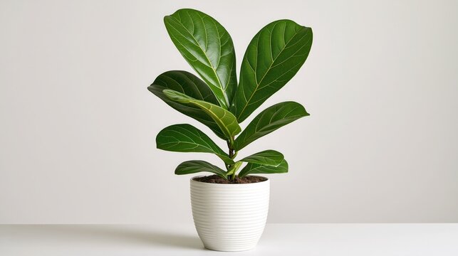 Potted fiddle leaf fig plant with large green leaves on a table  