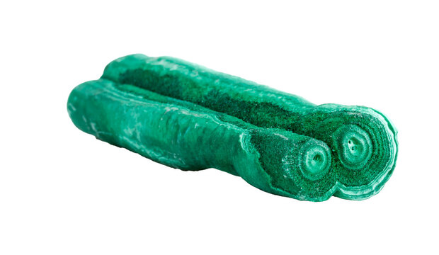 Natural malachite stone with distinctive green copper ore patterns displaying geological mineral structure and raw crystalline matrix formation on isolated backdrop