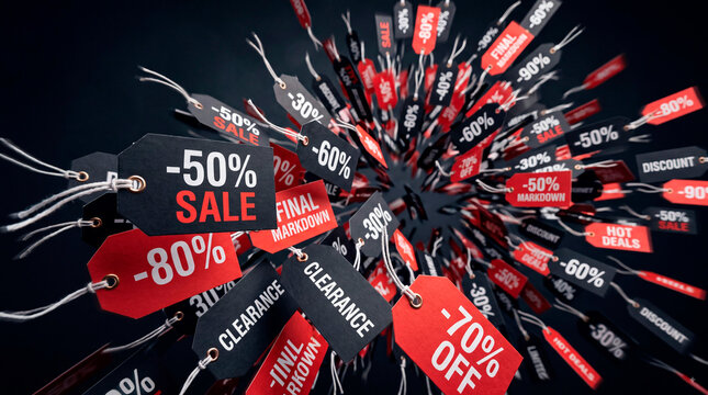 Black and red price tags burst for Black Friday promotion with discounts and sales