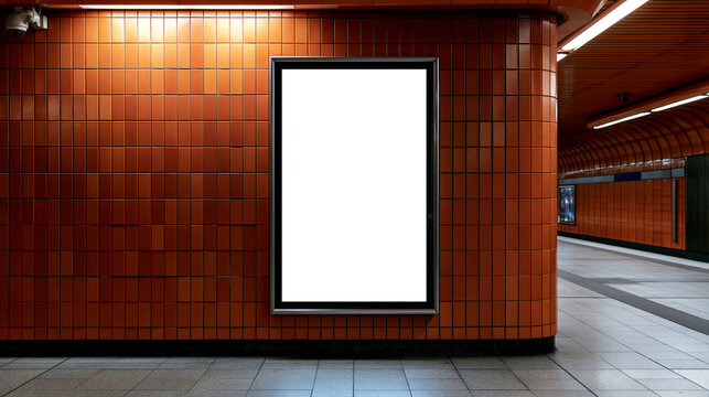 Vertical shot of a blank glowing digital advertising billboard mounted on a bright subway station wall clad in warm terracotta tile urban connectivity concept technology