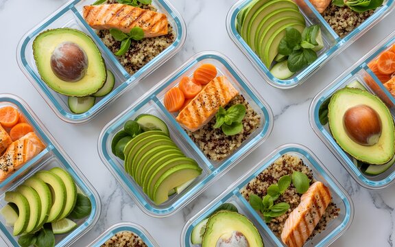 Meal prep containers filled with healthy grilled salmon avocado and grain salad