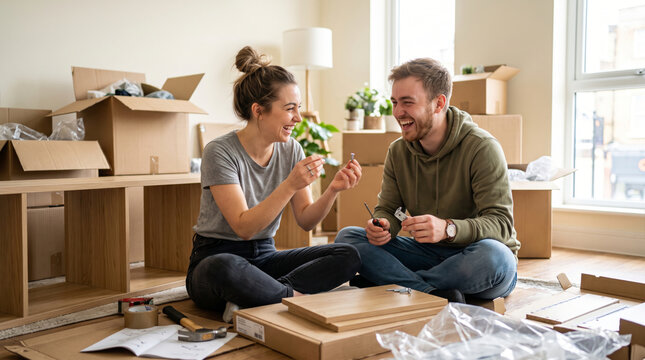 Happy couple assembling furniture together in their new home surrounded by moving boxes