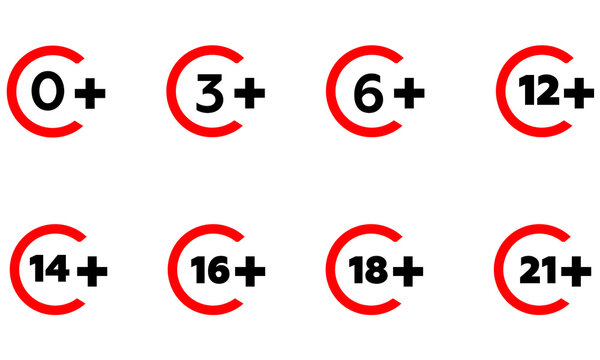Age Restriction Icons Set with 0+, 3+, 6+, 12+, 14+, 16+, 18+ Symbols