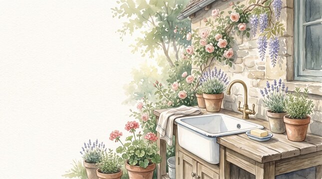 Outdoor garden sink with brass faucet, flowers and terracotta pots - vintage cottagecore watercolor illustration for web design