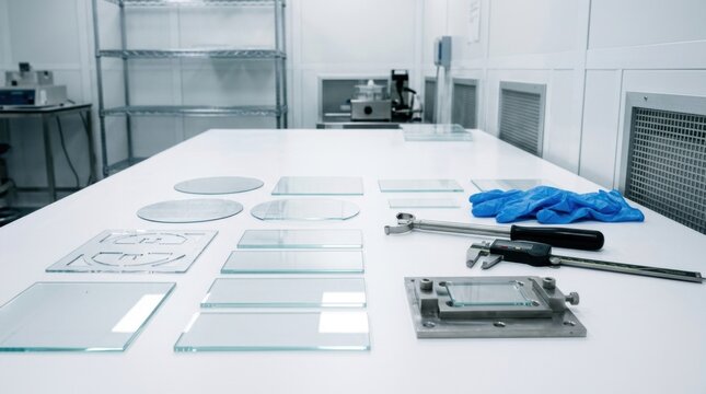Transparent glass wafers, laser-cut substrate tiles, vacuum tools, nitrile gloves, and a caliper beside a mounting jig in a cleanroom layout.