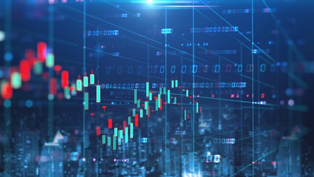 Digital financial stock market chart, cyan and red candlestick trading graph with binary data overlay background