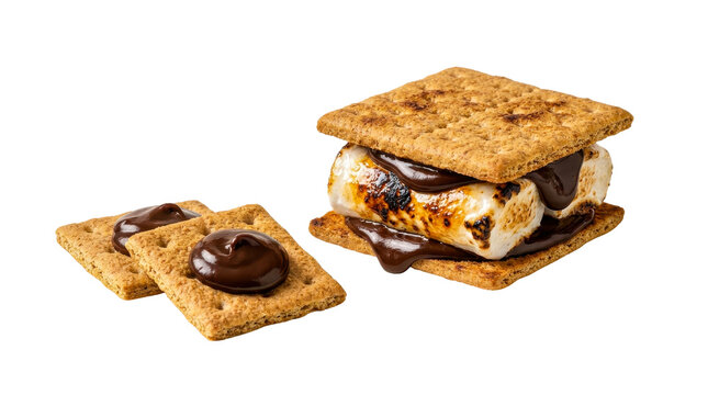 Delicious toasted s'mores sandwich with melted chocolate and marshmallow isolated on a transparent background