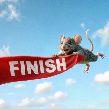 A small mouse is airborne as it clings to a red finish line banner under a bright sky dotted with fluffy clouds, creating a whimsical atmosphere