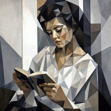 A woman is illustrated reading a book in a geometric cubist style, characterized by angular shapes and a muted color palette that conveys a modern aesthetic