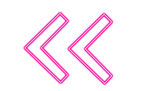 Double left arrow neon sign isolated on transparent background