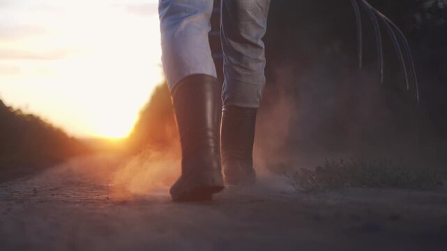 Farmer corn. Two farmers are walking on a dusty path at sunset. Each farmer wears rubber boots and carries a pitchfork in his hand.