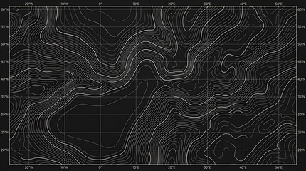Obraz premium Detailed topographic map with white contour lines on a dark background showing geographic elevation data for navigation and scientific research in a clean minimalist vector style