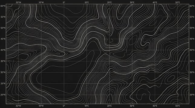 Detailed topographic map with white contour lines on a dark background showing geographic elevation data for navigation and scientific research in a clean minimalist vector style