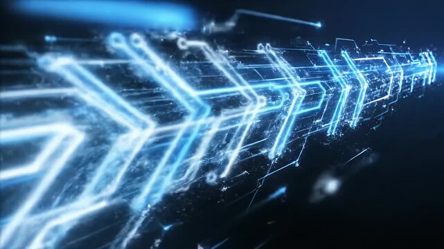 Glowing 3D blue wireframe arrows rising diagonally.