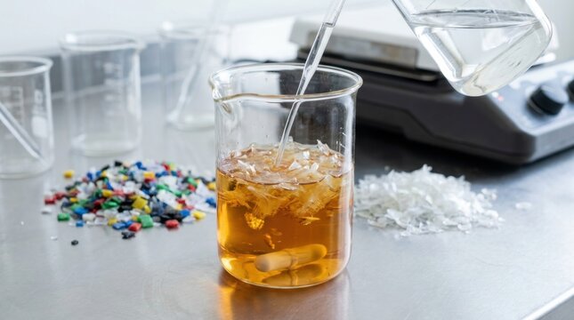 Bisphenol removal from recycled plastics with polyethylene glycol, shredded polymer flakes, beakers, amber extraction liquid, pipette, and stir bar