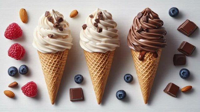 Assorted ice cream cones with berries, chocolate, and almonds on wooden surface