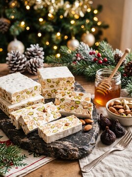 Gourmet Italian Christmas Torrone Nougat Slices with Almonds and Honey on Marble Slab