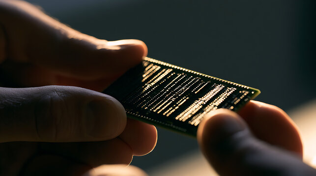 Human Hands Carefully Hold a Computer Memory Module in a Dark Setting, Highlighted by Golden Light