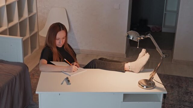 Young woman sits at white desk writing in open notebook with her feet propped up on floor. Woman wears dark clothing and light colored socks as woman focuses. Scene is set
