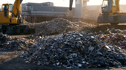 Fototapeta premium Industrial scene with large piles of scrap metal and heavy machinery at a recycling facility or junkyard