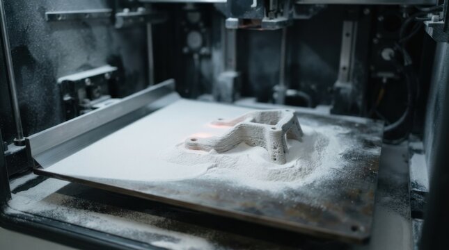 Selective laser sintering build chamber with nylon powder, partially sintered bracket, recoater blade, and layer lines on a metal build plate.