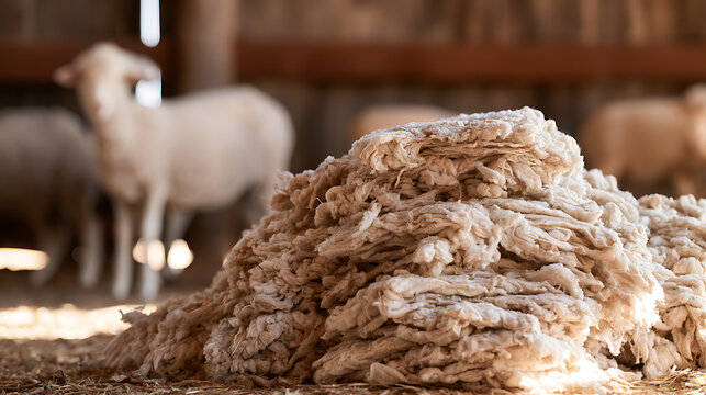 Freshly shorn wool pile with sheep in soft focus background, highlighting natural fibers and farm life