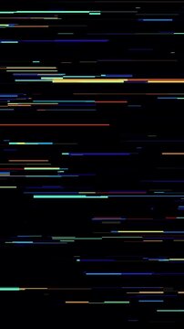 Looping animation of digital glitch distortion with colorful horizontal scanlines on black background, futuristic noise overlay, vertical seamless loop