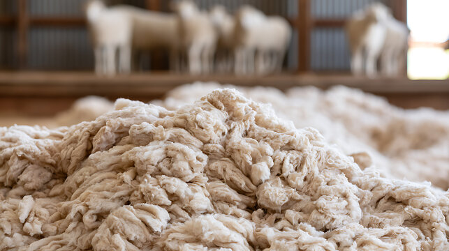 Close up of raw sheep wool with blurred sheep in the background, showcasing natural fibers and agricultural process