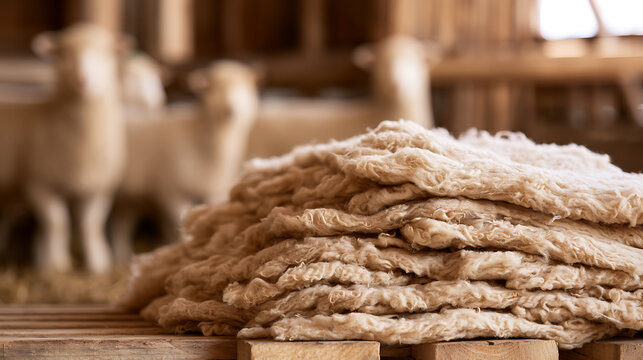 Freshly shorn wool fleece pile on a wooden table, with farm animals blurred in the background of a rustic barn